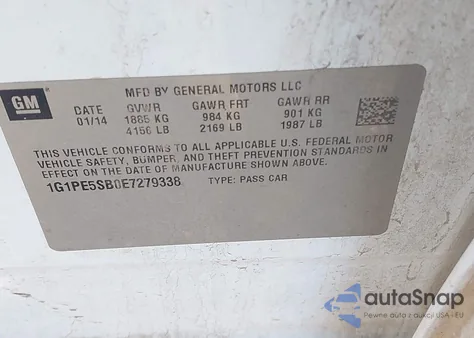 2014 Chevrolet Cruze Lt from USA, damaged, VIN 1G1PE5SB0E7279338